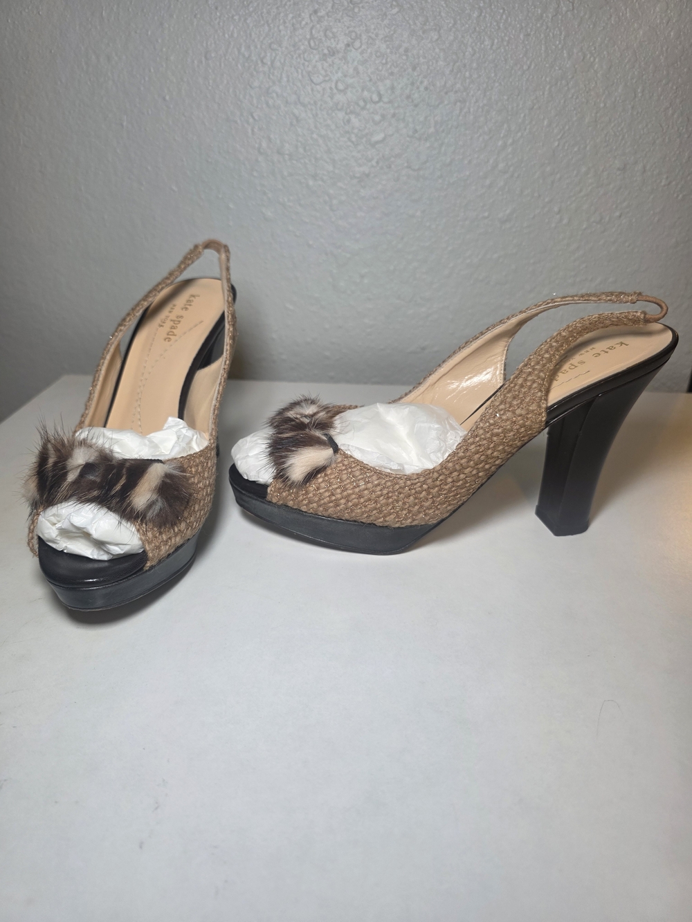 kate spade Tan Woven Slingback Heels with Fur Accent